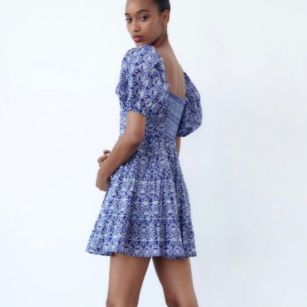 Zara Cap Sleeve Blue Print Summer Dress (XL)